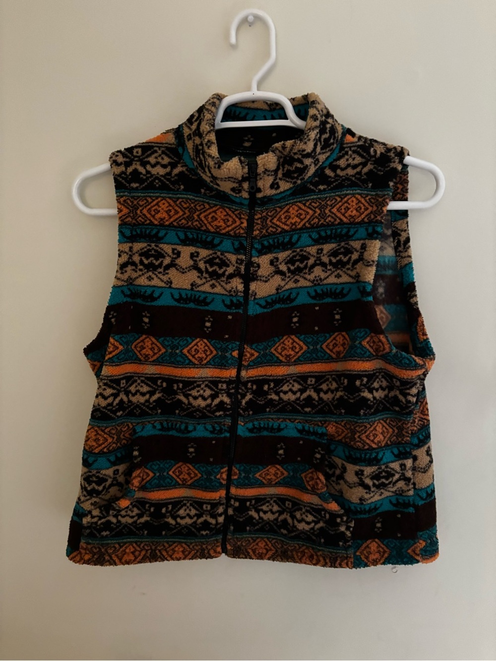 Patterned Fleece Vest in Teal and Brown - Women's Zip Front